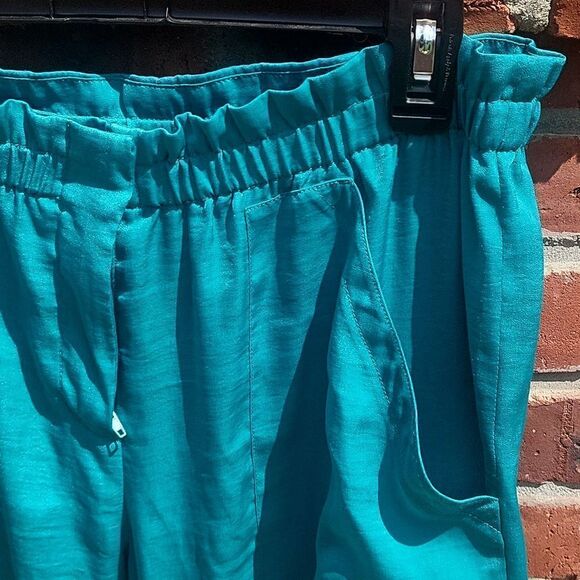 BCBG MaxAzria Bennet Ankle Pants Blue Surf Green Paper Bag Waist - Picture 4 of 7
